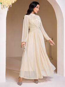 Veilorie Nuevo diseño de vestido de cóctel elegante con decoración de strass y cintura ceñida - Beis - Ver 6