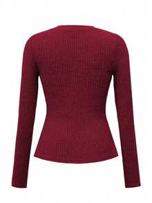 Vibekara 大码女式休闲针织V领蕾丝拼布纽扣装饰长袖秋冬上衣 - 酒紅色 - 查看 8