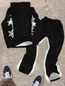 SHEIN 青少年男孩休闲简约秋季新款 Y2K 嘻哈风格星星图案、Y 英文字母图案连帽衫和喇叭裤套装 - 彩色 - 查看 2