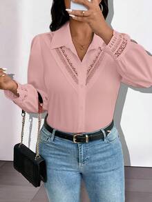 SHEIN Clasi Plus Size Casual Solid Color Contrast Lace Front Button Shirt, Autumn - Pink - View 4