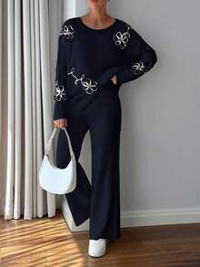 SHEIN Cottnline Petite Size Women 3d Floral Embroidery Sweater Co-Ord Set - Black and White - View 5