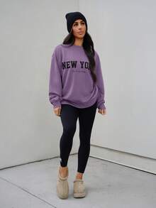 SAYEHFBABY Áo nỉ hở vai họa tiết chữ, áo dài tay cho mùa thu/đông - Màu tím - Xem 1