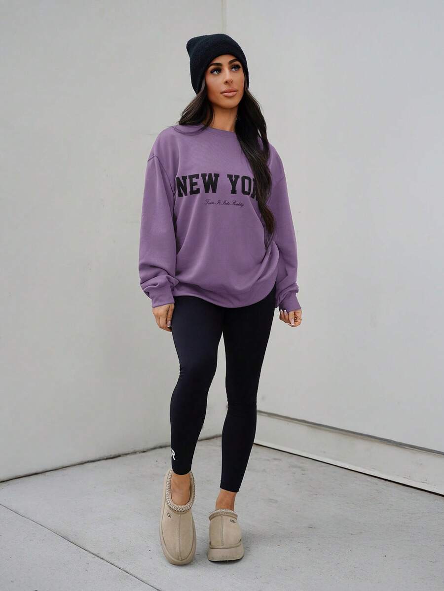 SAYEHFBABY Áo nỉ hở vai họa tiết chữ, áo dài tay cho mùa thu/đông - Màu tím - Xem 1