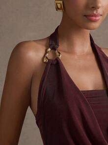 L'Amorae Áo cổ xếp ly kim loại màu trơn dành cho nữ - Màu Đỏ Sâu - Xem 2