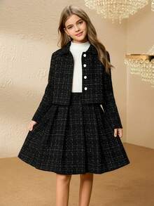 Tween Girl Front Button Long Sleeve Jacket And Skirt Elegant Set Girls Black Plaid Skirt Suit Tweed Skirt Set For Girls Kids Jacket And Skirt Outfit Girls Matching Jacket Skirt Girls Tweed Two Piece Set - Black - View 3
