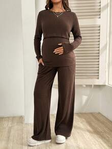 SHEIN Maternity Clothes Nursing Two-Piece Set Spring And Summer Pregnant Clothes Brown Two-Piece Crew Neck Long-Sleeved Shirt + Trousers - Soft, Comfortable, And Casual - Brown - View 3