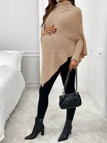SHEIN Pregnant Women's Solid Color High Neck Batwing Long Sleeve Casual Sweater, Autumn/Winter - Apricot - View 5