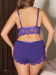 SHEIN 3pcs Set: Lace Trim Camisole Shorts + Floral Lace Trim Loose Robe, Plus Size - Purple - View 6