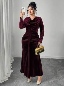 Modelyn Elegant Velvet Draped Neck Long Sleeve Fitted Regular Plus Size Dress, Spring/Autumn - Burgundy - View 7