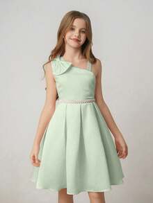 Tween Girls' Waist Asymmetric Elegant Sage Green Wedding Party Mini Dress, Graduation, Outfit - Mint Green - View 3