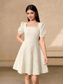 Váy thời trang & thanh lịch cho bé gái tuổi teen, vải jacquard mềm mại & thoải mái, thiết kế lưng nhún, tay bồng, chân váy xếp ly cạp cao, thích hợp mặc hàng ngày và nhiều dịp khác nhau - Màu Đỏ Sâu - Xem 3