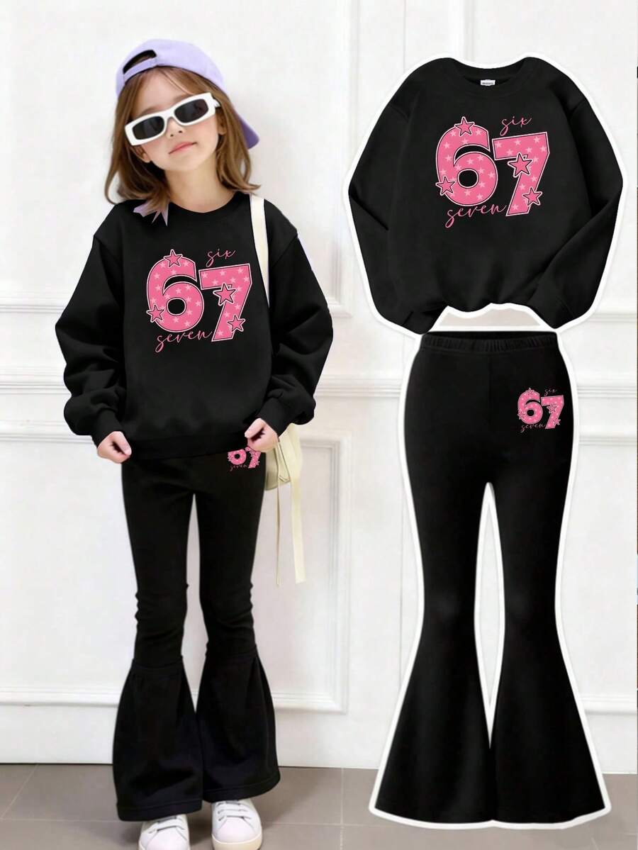 2pcs/Set Young Girl Casual Pink 67 Star Graphic Sweatshirt And Black Flare Pants, Comfortable & Versatile For Autumn, Winter, Spring, Suitable For Daily Wear And Home - Black - View 1