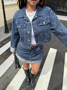 SHEIN ICON Váy chữ A denim cạp cao ôm sát cỡ lớn - Rửa trung bình - Xem 3