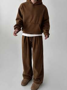 DAZY Men's Solid Brown Thick Hoodie Set, Autumn/Winter - Brown - View 6