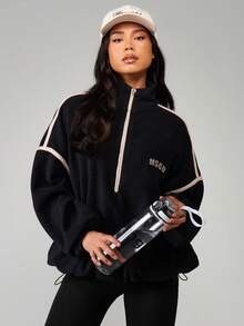 MISSGUIDED 宽松抓绒四分之一拉链卫衣，撞色滚边和抽绳下摆设计，适合休闲冬季穿着 - 黑色 - 查看 1