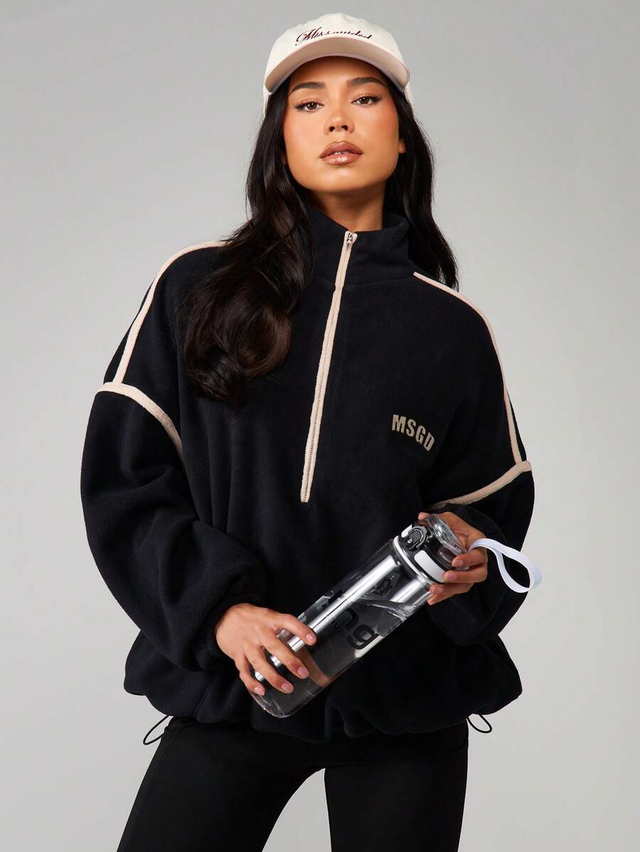 MISSGUIDED 宽松抓绒四分之一拉链卫衣，撞色滚边和抽绳下摆设计，适合休闲冬季穿着 - 黑色 - 查看 1