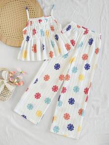 SHEIN Vintaside Kids 少女休闲甜美褶皱纹理松紧吊带背心搭配宽松阔腿裤两件套，适合日常、度假、姐妹合照、春夏穿搭、假日、夏季、旅行 - 白色 - 查看 5