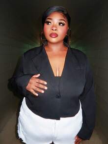 Enliva Plus Size Casual Versatile Commuter Solid Color Cropped Blazer, For Apple Rounded Body Shape - Black - View 6