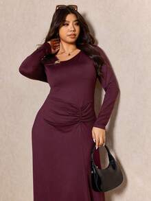 Elaquor Plus Size Women Casual Solid Color Long Sleeve Ruffle Waist Dress - Violet Purple - View 6