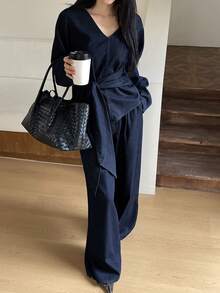 DAZY Women's V-Neck Long Sleeve Knotted Waist Denim Top And Jeans Casual Outfit - Blue - View 5