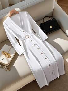 Franclia Elegant Commuter Solid Color Front Button Long Dress Fall Cloth For Women - White - View 1