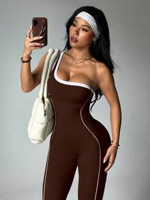 Dewbera 女士无缝针织紧身瑜伽连体裤 - 棕色 - 查看 4