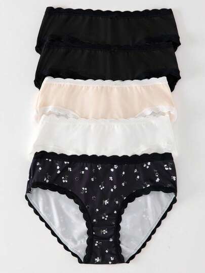Teen Girls Ice Silk Underwear 5-Pack - Black White Nude Floral Panties Sweet Floral Print Scalloped Edge Design Black White Nude Classic Elegant Color Ice Silk Breathable Fabric Mid-Rise Scalloped Edge Floral Combo Social Media Style Sweet Fresh Spring Summer Autumn Winter Holiday Essential Teen Girls Intimate Wear Set