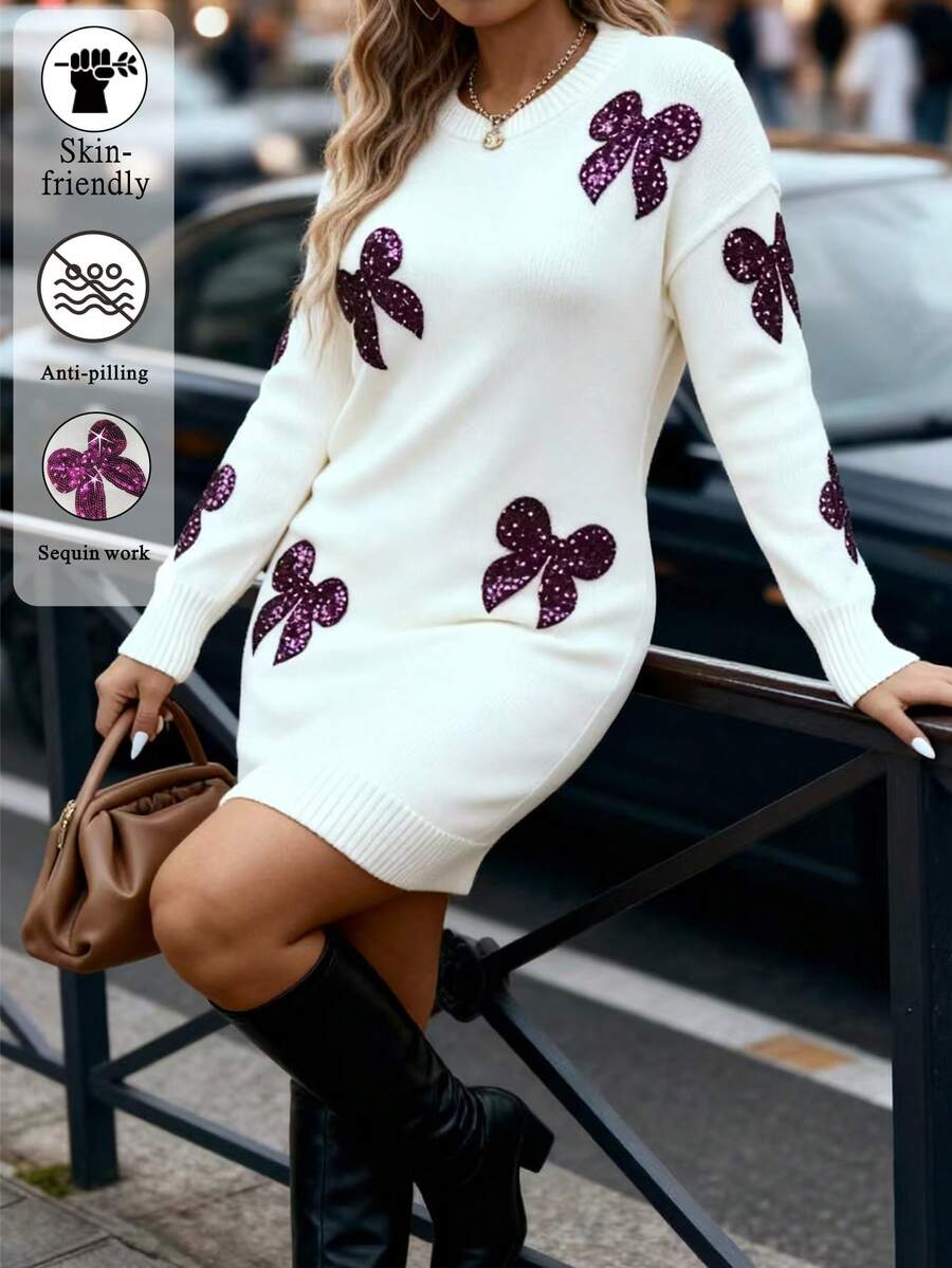 Juhart 大码女式纯色针织圆领亮片刺绣休闲优雅毛衣连衣裙，适合圣诞节、返校季、浪漫假期、办公穿着。 - 杏色 - 查看 1