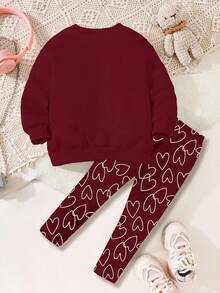 2pcs Young Girl Casual Loose Fit Heart Pattern Round Neck Long Sleeve Sweatshirt And Leggings Set, Suitable For Autumn/Winter