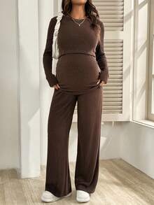 SHEIN Maternity Clothes Nursing Two-Piece Set Spring And Summer Pregnant Clothes Brown Two-Piece Crew Neck Long-Sleeved Shirt + Trousers - Soft, Comfortable, And Casual - Brown - View 4