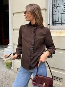 SHEIN Frenchy Women's Solid Color Long Sleeve Frill Trim Single-Breasted Casual Shirt,Lace Patchwork Shirt,French Retro-Style Pleated Long-Sleeved Shirt For Women,Chocolate Brown Top,Coffee-Colored Elegant Niche Top,Casual Versatile Slimming And Artistic Style,Spring Outfit Women,Spring Clothing ,Spring Break Outfits - Brown - View 1