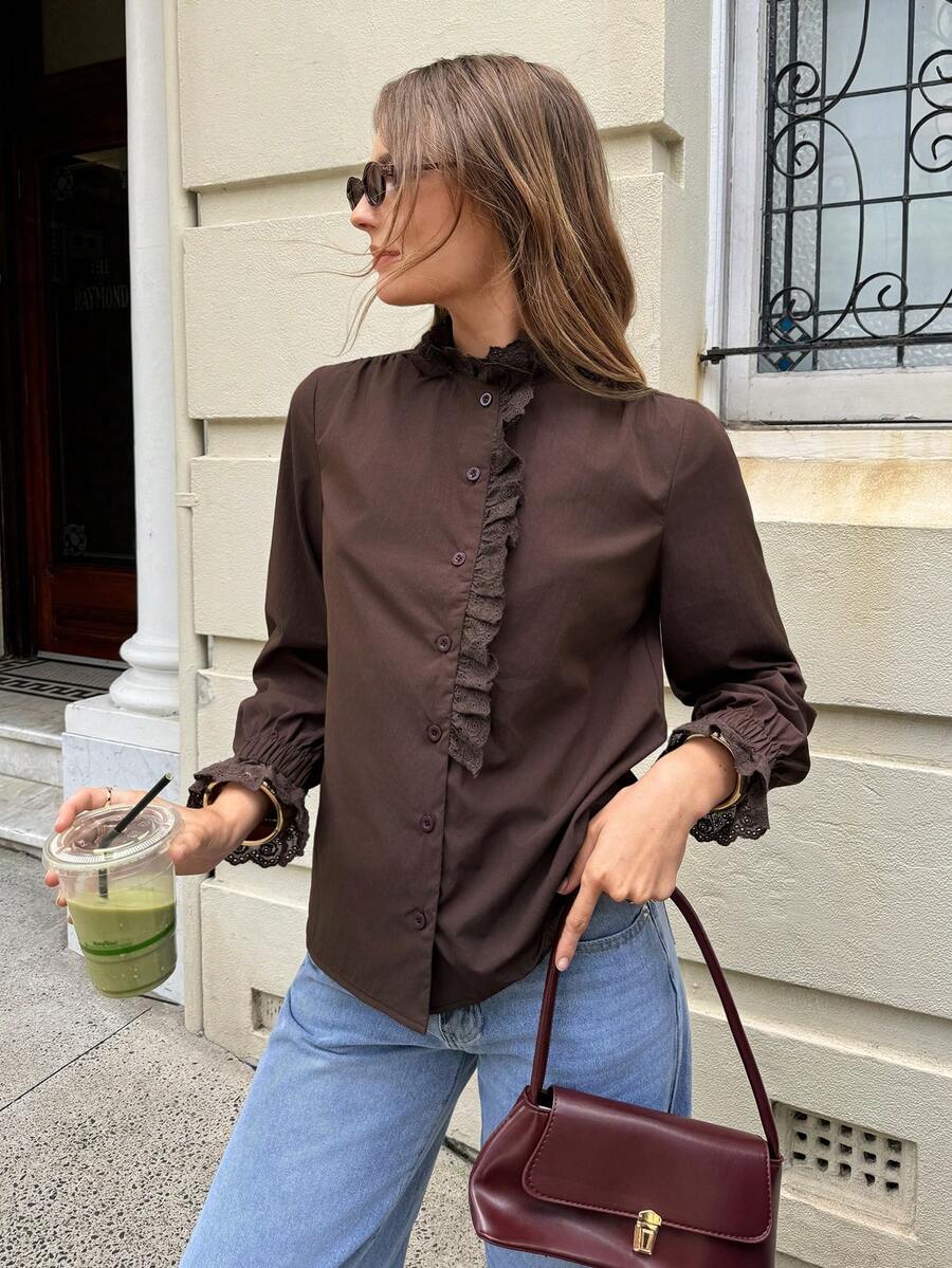 SHEIN Frenchy Women's Solid Color Long Sleeve Frill Trim Single-Breasted Casual Shirt,Lace Patchwork Shirt,French Retro-Style Pleated Long-Sleeved Shirt For Women,Chocolate Brown Top,Coffee-Colored Elegant Niche Top,Casual Versatile Slimming And Artistic Style,Spring Outfit Women,Spring Clothing ,Spring Break Outfits - Brown - View 1