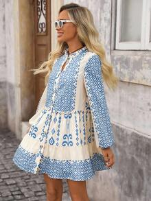 Brillora 女士几何印花灯笼袖荷叶边休闲迷你连衣裙，度假波西米亚风连衣裙，女士蓝白连衣裙，女士田园风连衣裙 - 藍色 - 查看 3