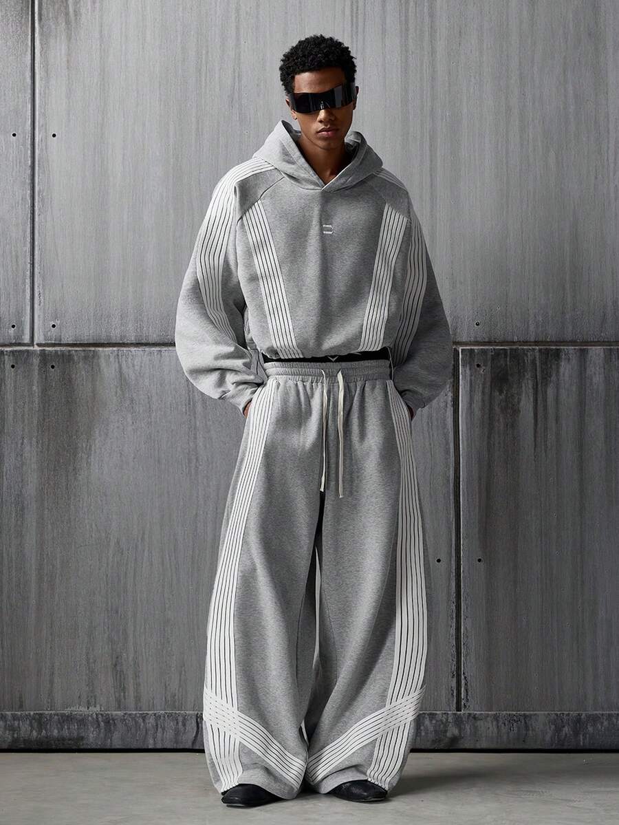 NEON BLANC Men's Hoodie And Trousers, Sporty Style, Striped Design, Loose Fit, Street Style.