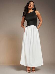L'Amorae Women Color Block Midi Dress, Elegant Wedding Guest Date Night Outfit Valentines - Black and White - View 1