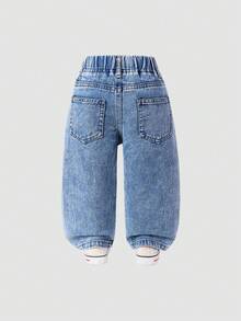 女婴时尚雪花水洗花卉植绒阔腿牛仔裤 - 藍色 - 查看 2