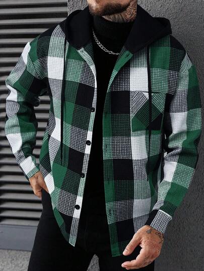 Manfinity Homme Herren karierter Langarm-Einreiher mit Kapuze und Kordelzug, lässige Shacket