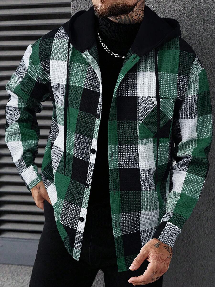 Manfinity Homme 男士格子长袖单排扣抽绳连帽休闲衬衫衫 - 墨綠色 - 查看 1