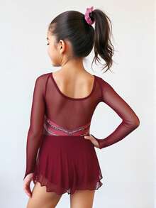 Young Girls Burgundy Long Sleeve Round Neck Figure Skating Dress High Elasticity Printed Snug Fit Comfortable Shaping Sportswear, Suitable For All Seasons