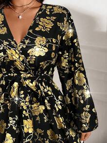 Cravure Women's V-Neck Waist Ruched Metallic Dress, Lantern Sleeve Random Print Belted Long Dress - Black - View 3