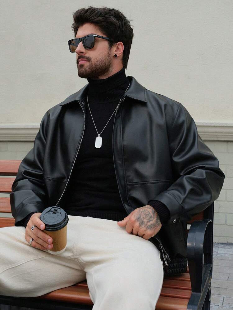 Men's Thick Black Loose PU Fabric Jacket, Autumn/Winter Leather Jacket