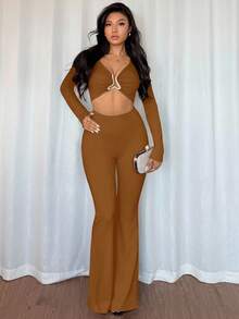 Chiquease Sexy Women's Black High Stretch Jumpsuit With Front & Middle Metal Decor Buckle, Casual European & American Style - Camel - View 5