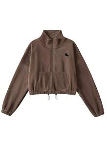 INAWLY Áo nỉ cổ đứng dáng rộng có dây rút, kiểu dáng thường ngày. - Cà phê nâu - Xem 1