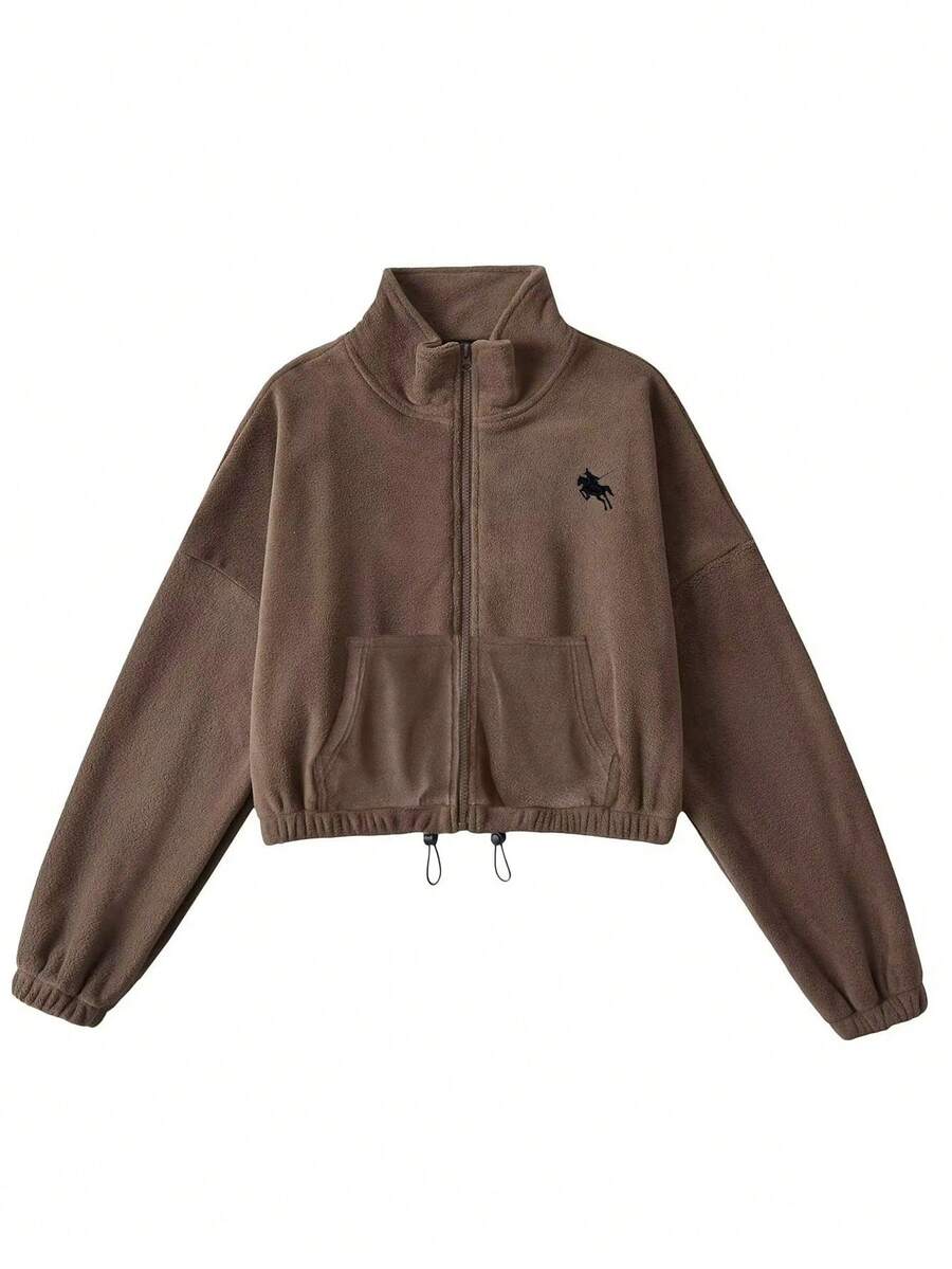 INAWLY Áo nỉ cổ đứng dáng rộng có dây rút, kiểu dáng thường ngày. - Cà phê nâu - Xem 1