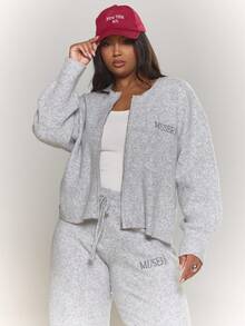 MUSERA 加大码罗纹针织刺绣拉链长袖开衫，舒适可爱休闲，适合咖啡馆、俱乐部等场合，春季时尚百搭 - 灰色 - 查看 1