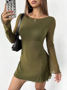 SHEIN PETITE 女士新款性感露背喇叭袖网纱连衣裙，适合初秋穿着 - 軍綠色 - 查看 7