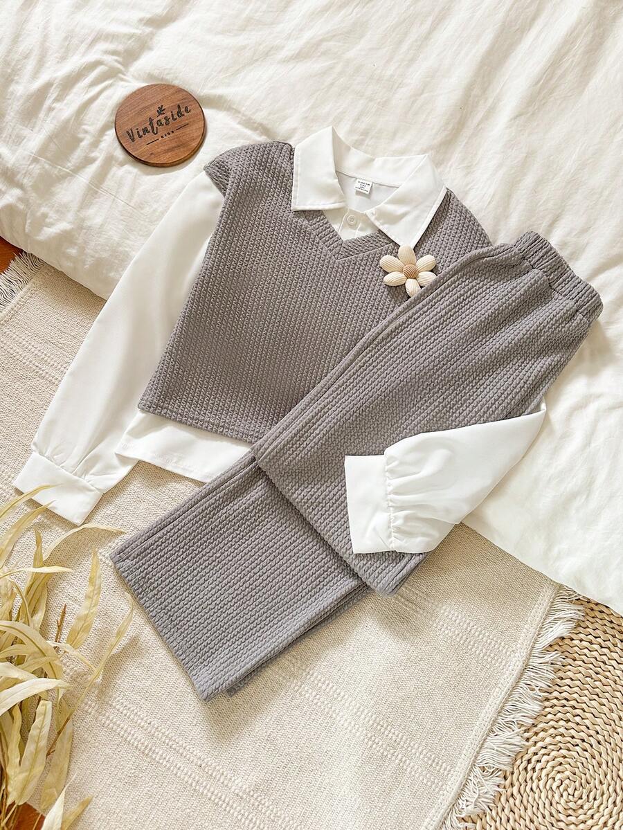 Vintaside Kids Bộ áo ba lỗ cổ chữ V không tay đơn giản, thường ngày cho bé gái tuổi teen mùa thu & áo sơ mi dài tay thời trang thường ngày & quần dài đa năng đơn giản, thích hợp cho các hoạt động giải trí tại nhà và ngoài trời hoặc kỳ nghỉ - Xám - Xem 1