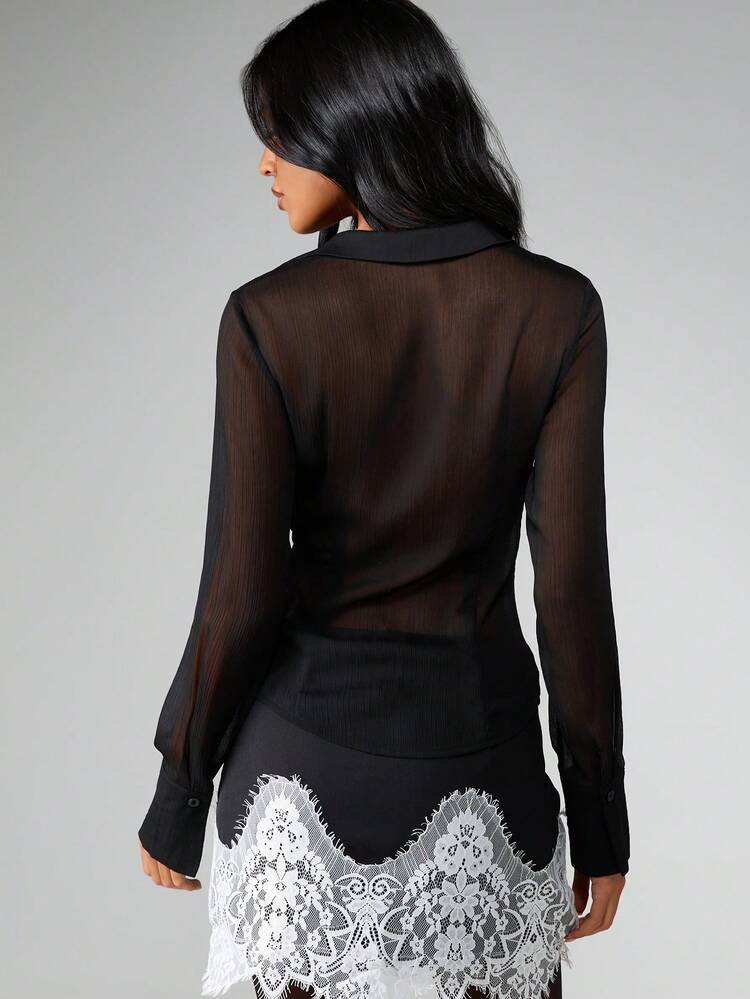 MISSGUIDED Sheer Asymmetric Button Front Blouse With Long Sleeves Fitted Silhouette Transparent Overlay Office Professional