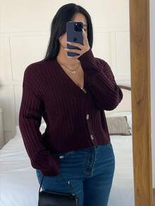 Flirla 大码时尚优雅可爱简约纯色落肩长袖罗纹短款开衫毛衣，适合所有季节，是绝佳的圣诞礼物，春、夏、秋、冬皆宜。 - 酒紅色 - 查看 6