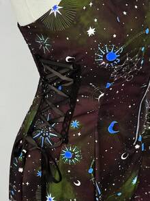 Sunspun 新款时尚百搭假日梦幻星空印花拼接荷叶边系带腰部装饰拉链前开襟中长吊带连衣裙 - 咖啡棕 - 查看 5